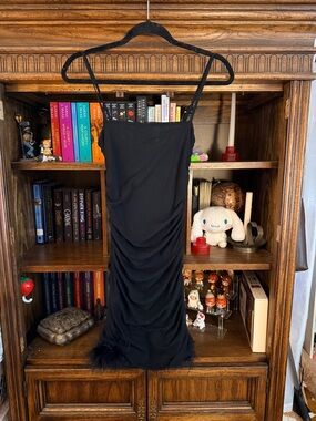 Windsor Black Ruched Mini Dress Feather Hem Spaghetti Strap Bodycon Size M NWT
